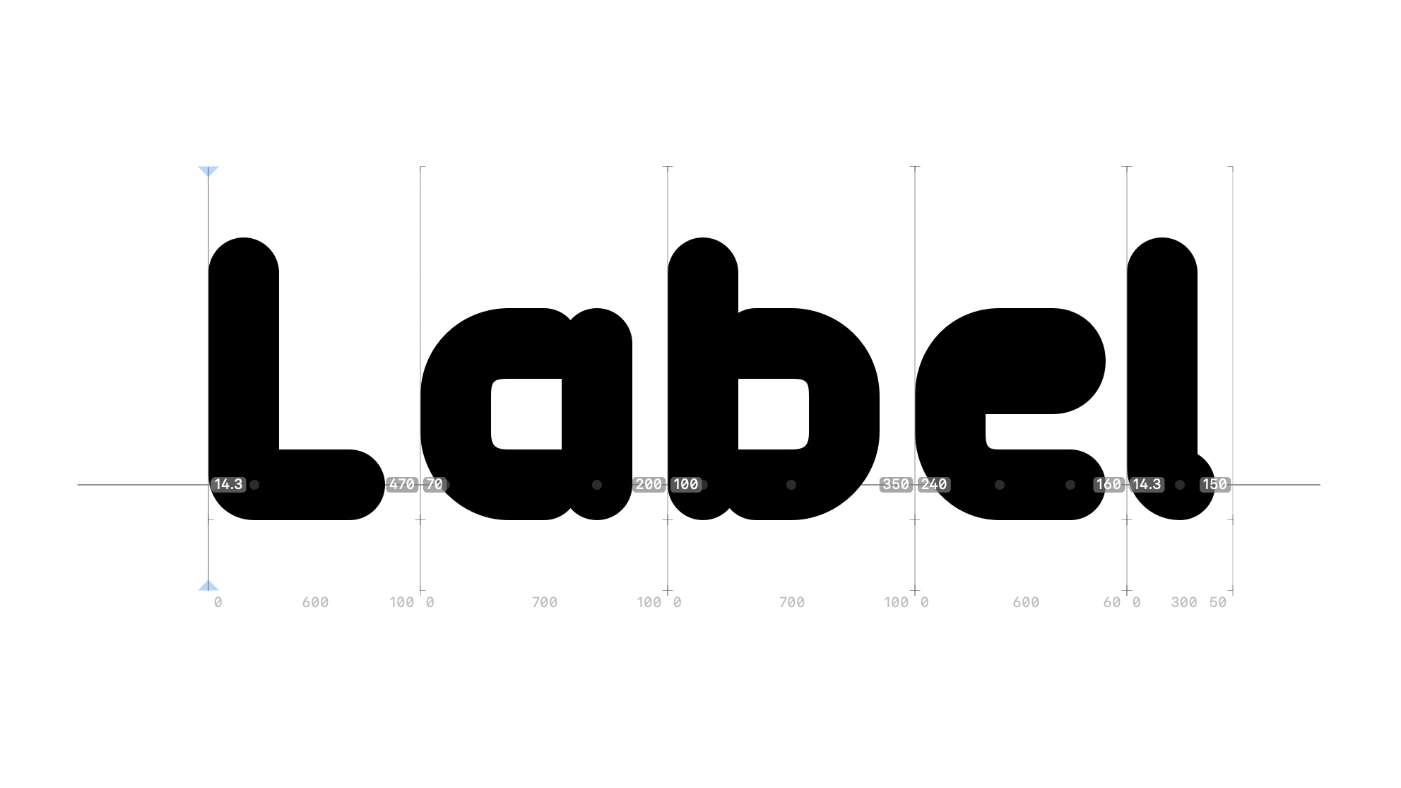 GLYPHICONS Label on pixel grid and kerning example